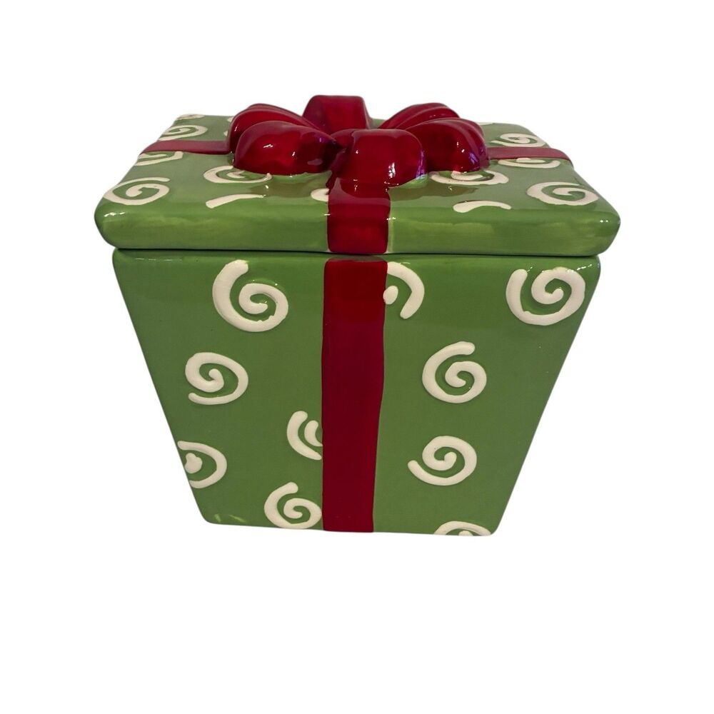 Vintage Real Home Ceramic Christmas Green Ho Ho Ho Gift Box W Bow Cookie Jar.